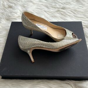 Jimmy Choo Gold Glitter Leather “Isabel” Peep Toe Heels Size 38 1/2